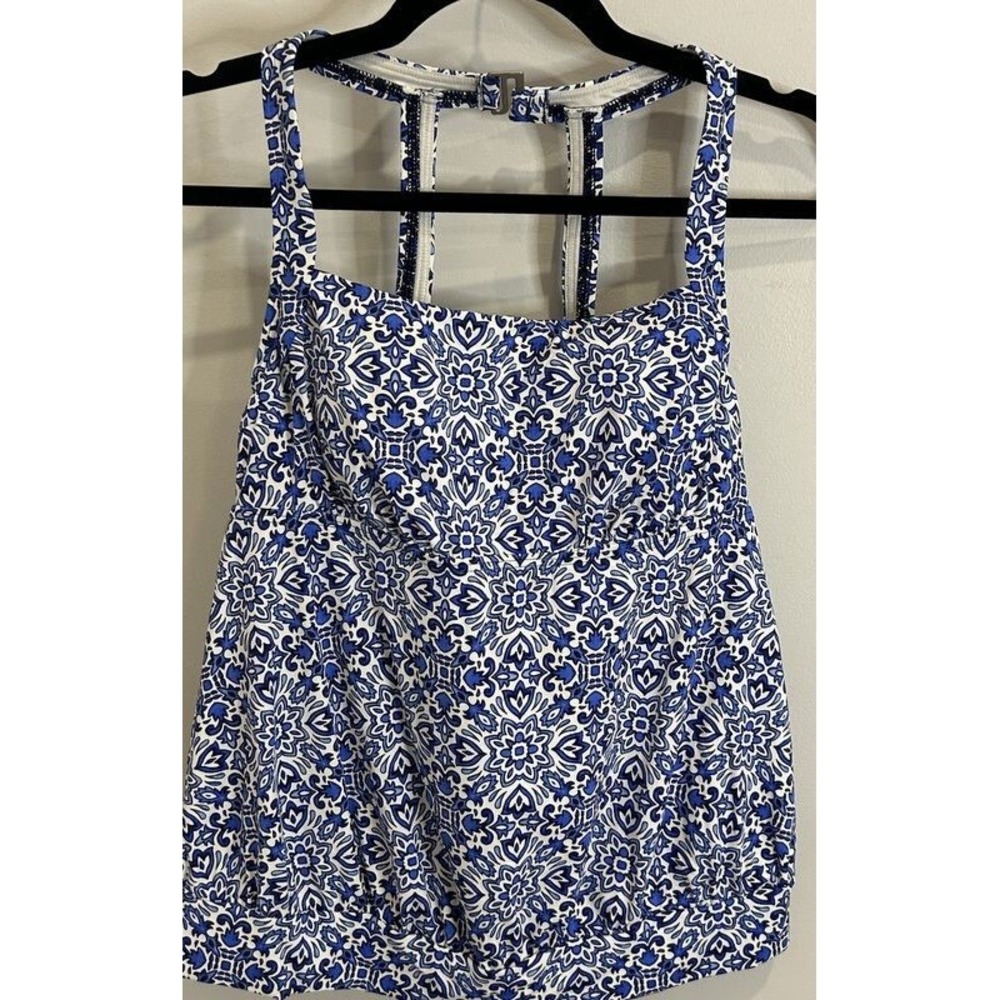 Lands End Womens Swimsuit Tankini Top Blouson Style Blue Geo Floral Print 8P